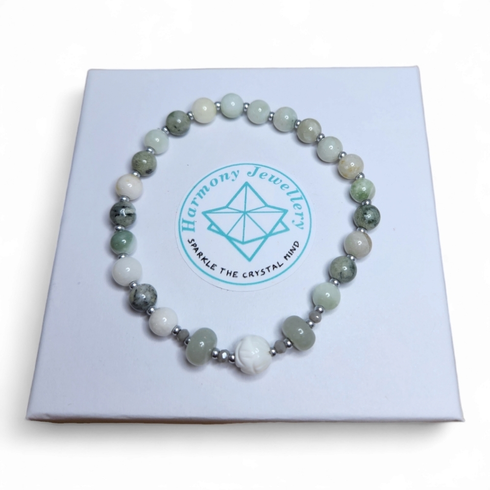 6 mm White Jade, white Coral Lotus bracelet